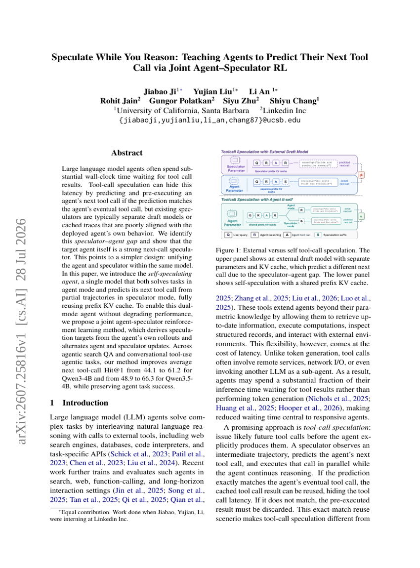Speculate While You Reason: Teaching Agents to Predict Their Next Tool Call via Joint Agent–Speculator RL