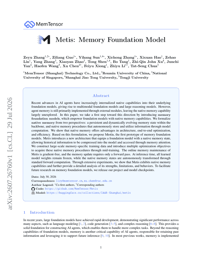 Metis: Memory Foundation Model
