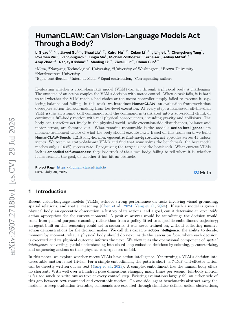 HumanCLAW: Can Vision-Language Models Act Through a Body?