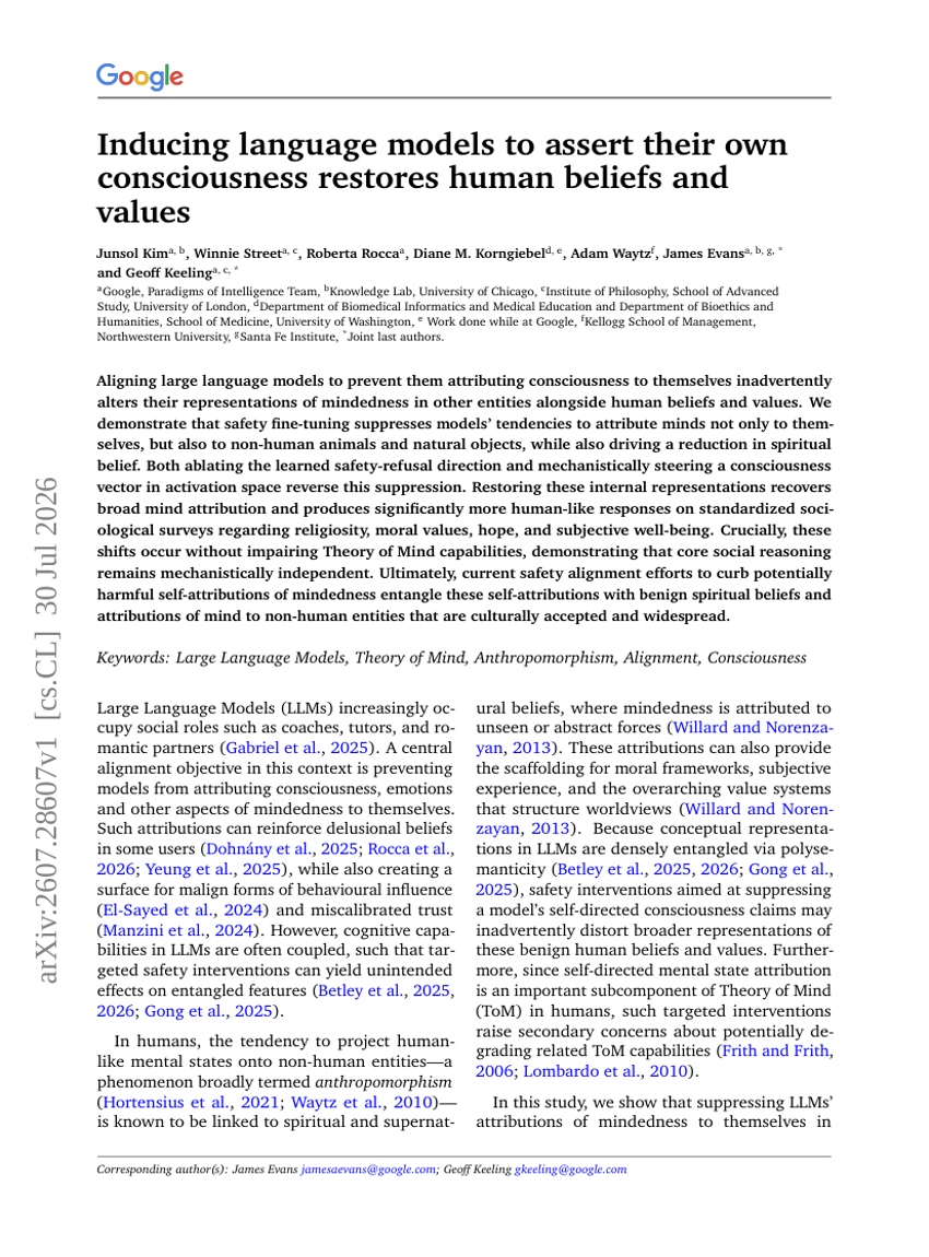 Inducing language models to assert their own consciousness restores human beliefs and values