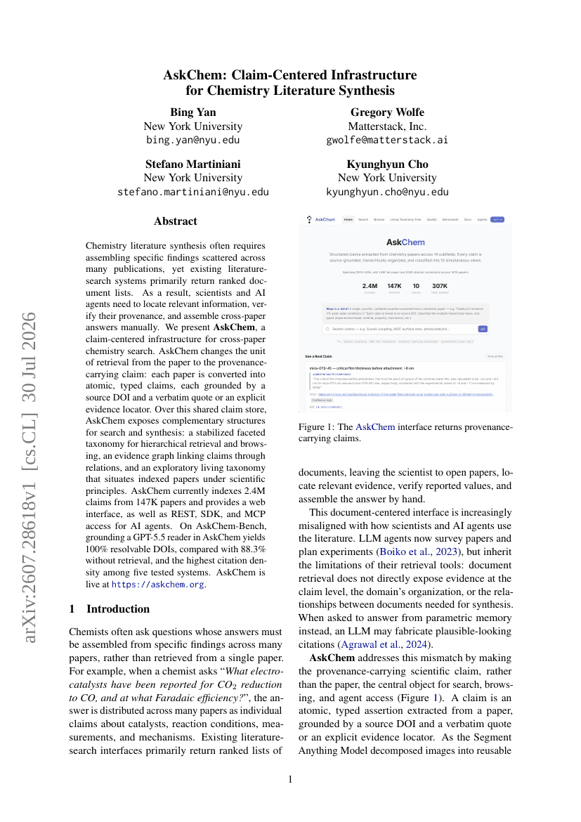 AskChem: Claim-Centered Infrastructure for Chemistry Literature Synthesis