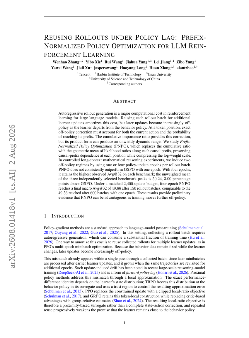 REUSING ROLLOUTS UNDER POLICY LAG: PREFIX-NORMALIZED POLICY OPTIMIZATION FOR LLM REIN-FORCEMENT LEARNING