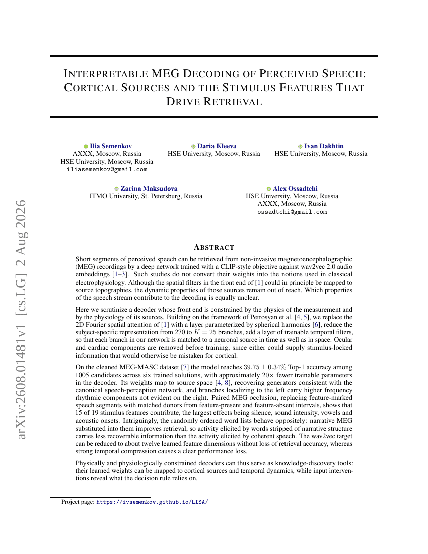 INTERPRETABLE MEG DECODING OF PERCEIVED SPEECH: CORTICAL SOURCES AND THE STIMULUS FEATURES THAT DRIVE RETRIEVAL
