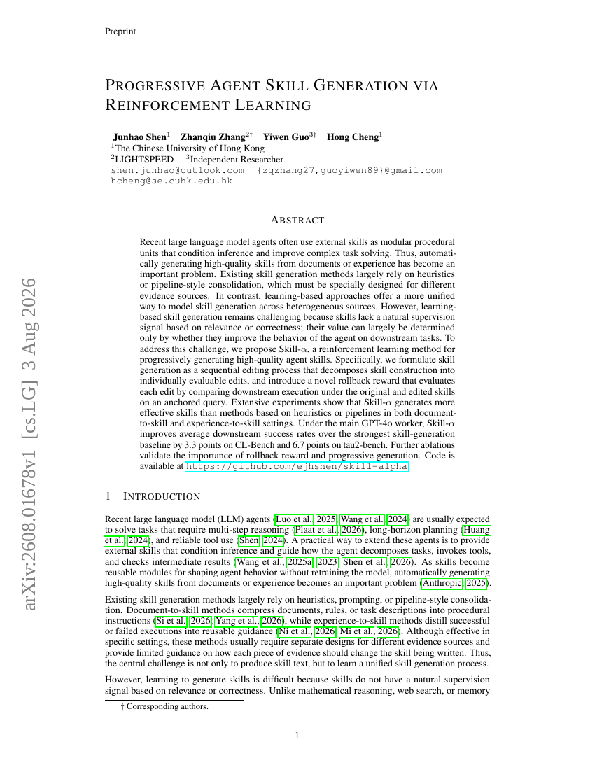 PROGRESSIVE AGENT SKILL GENERATION VIA REINFORCEMENT LEARNING