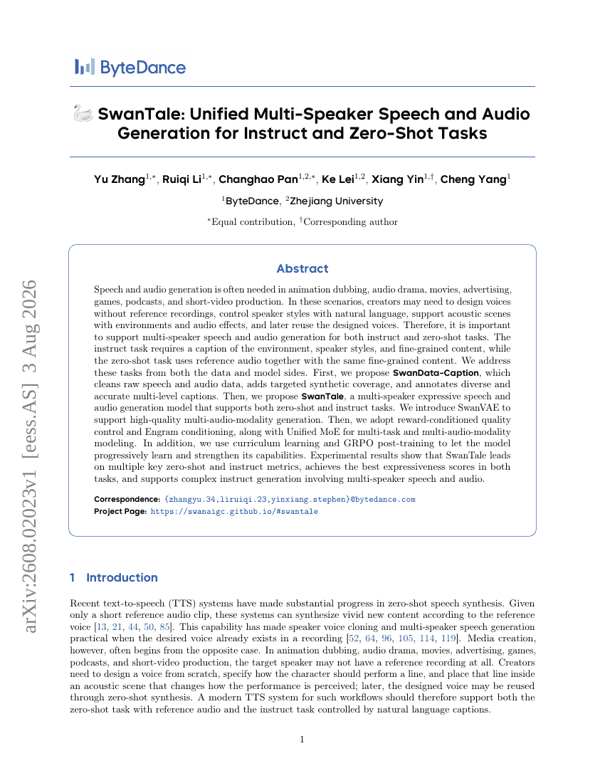 SwanTale: Unified Multi-Speaker Speech and Audio Generation for Instruct and Zero-Shot Tasks