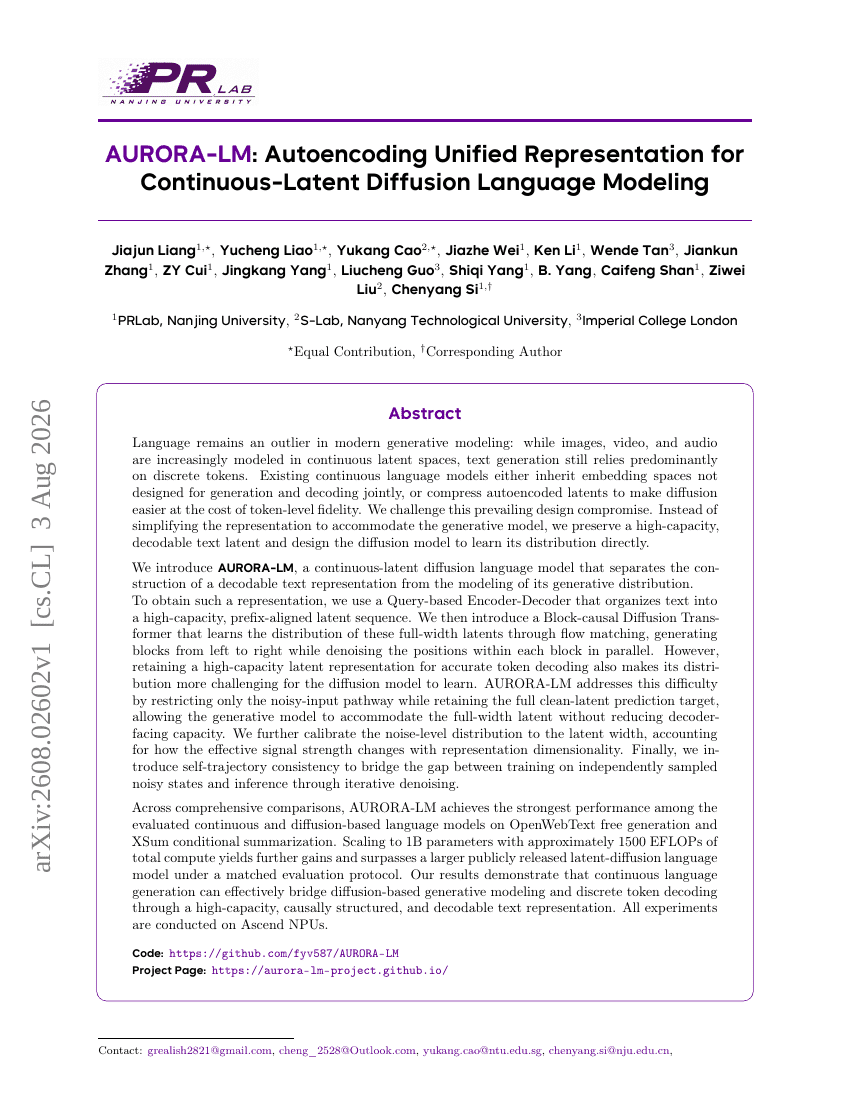 AURORA-LM: Autoencoding Unified Representation for Continuous-Latent Diffusion Language Modeling