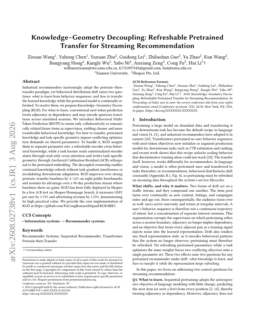 Knowledge–Geometry Decoupling: Refreshable Pretrained Transfer for Streaming Recommendation