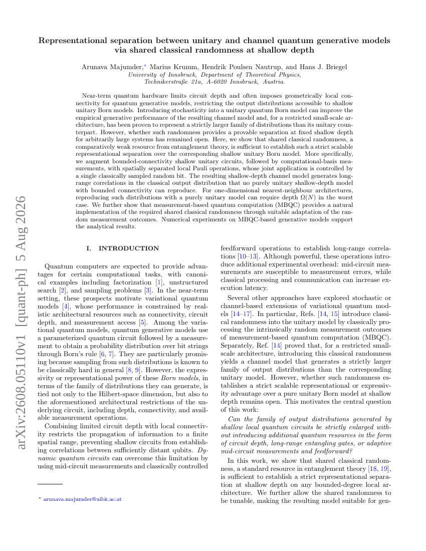 Representational separation between unitary and channel quantum generative models via shared classical randomness at shallow depth