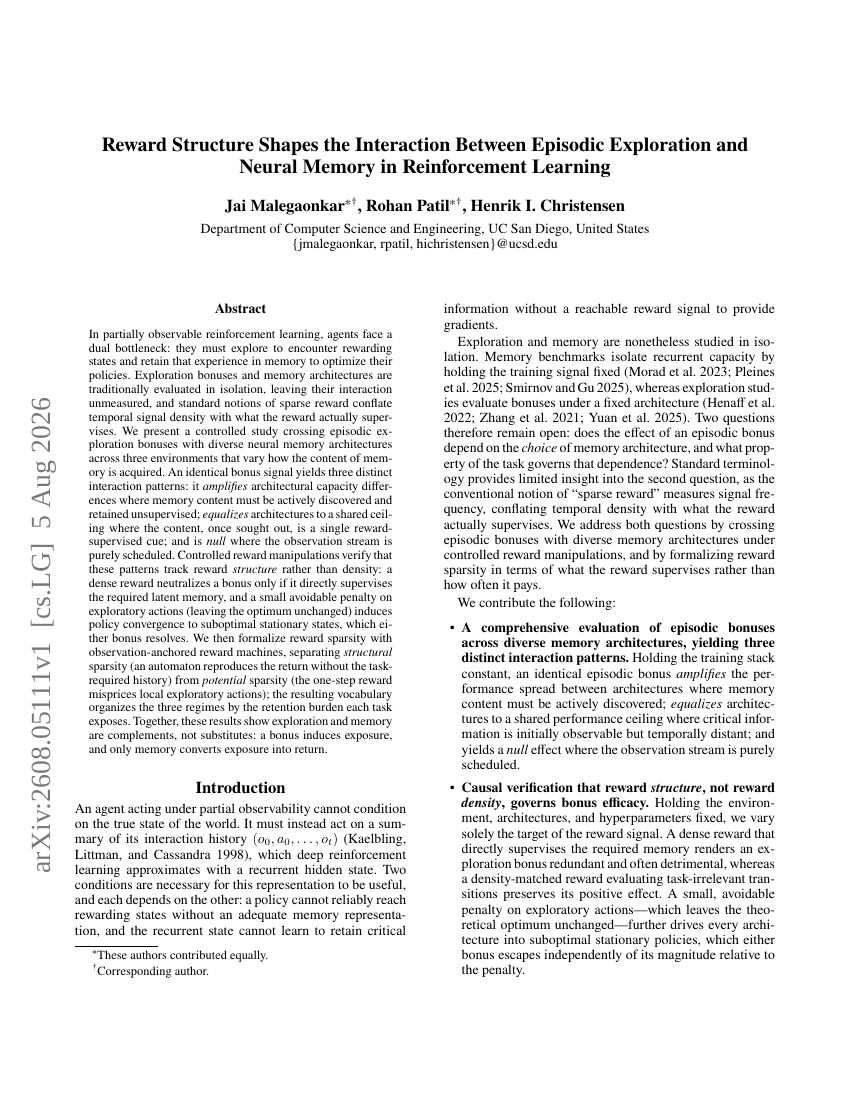 Reward Structure Shapes the Interaction Between Episodic Exploration and Neural Memory in Reinforcement Learning