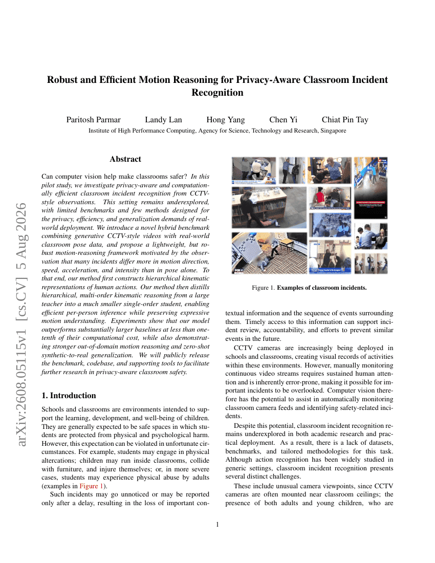 Robust and Efficient Motion Reasoning for Privacy-Aware Classroom Incident Recognition