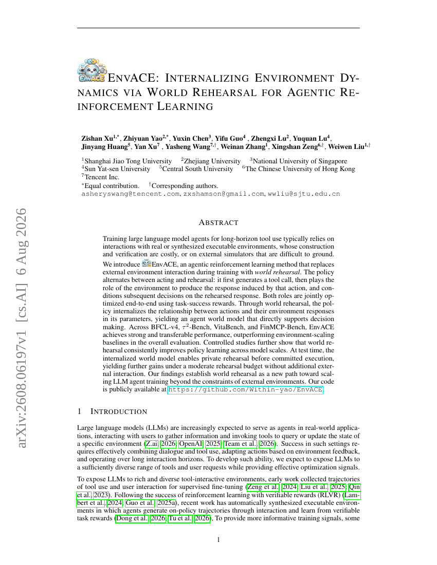 ENVACE: INTERNALIZING ENVIRONMENT DYNAMICS VIA WORLD REHEARSAL FOR AGENTIC REINFORCEMENT LEARNING