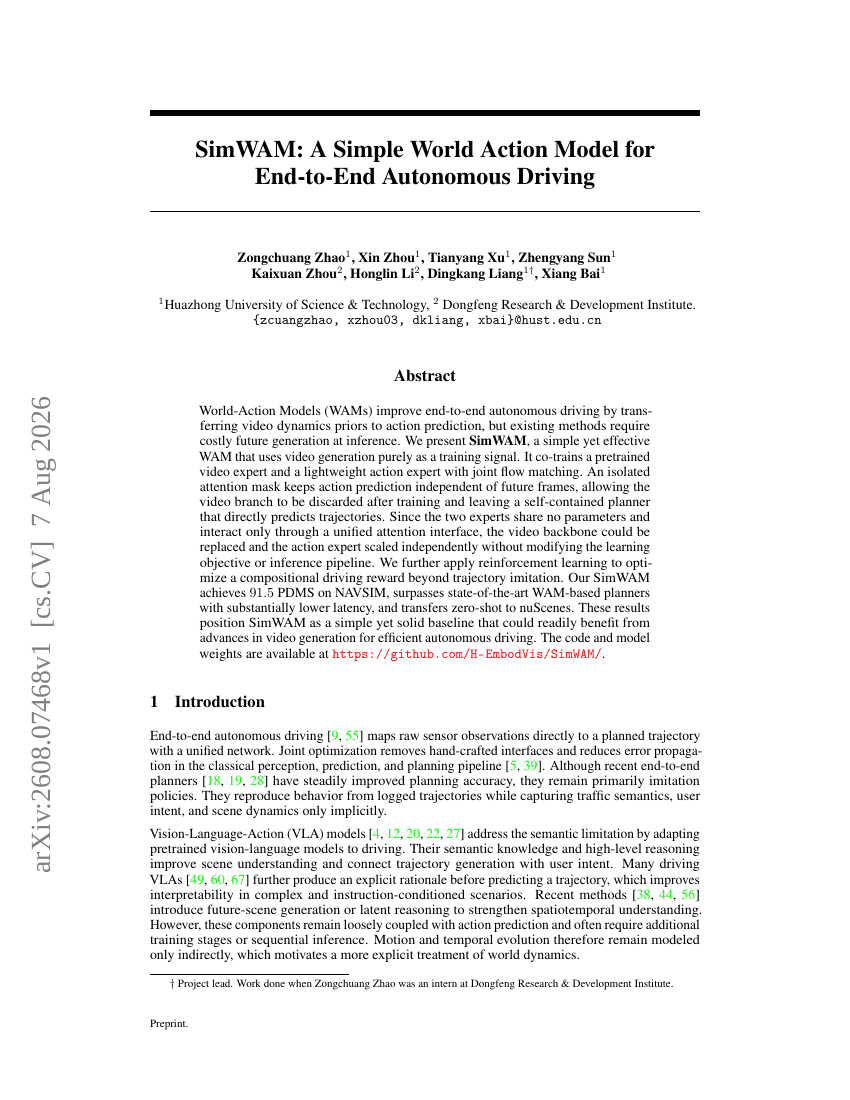 SimWAM: A Simple World Action Model for End-to-End Autonomous Driving
