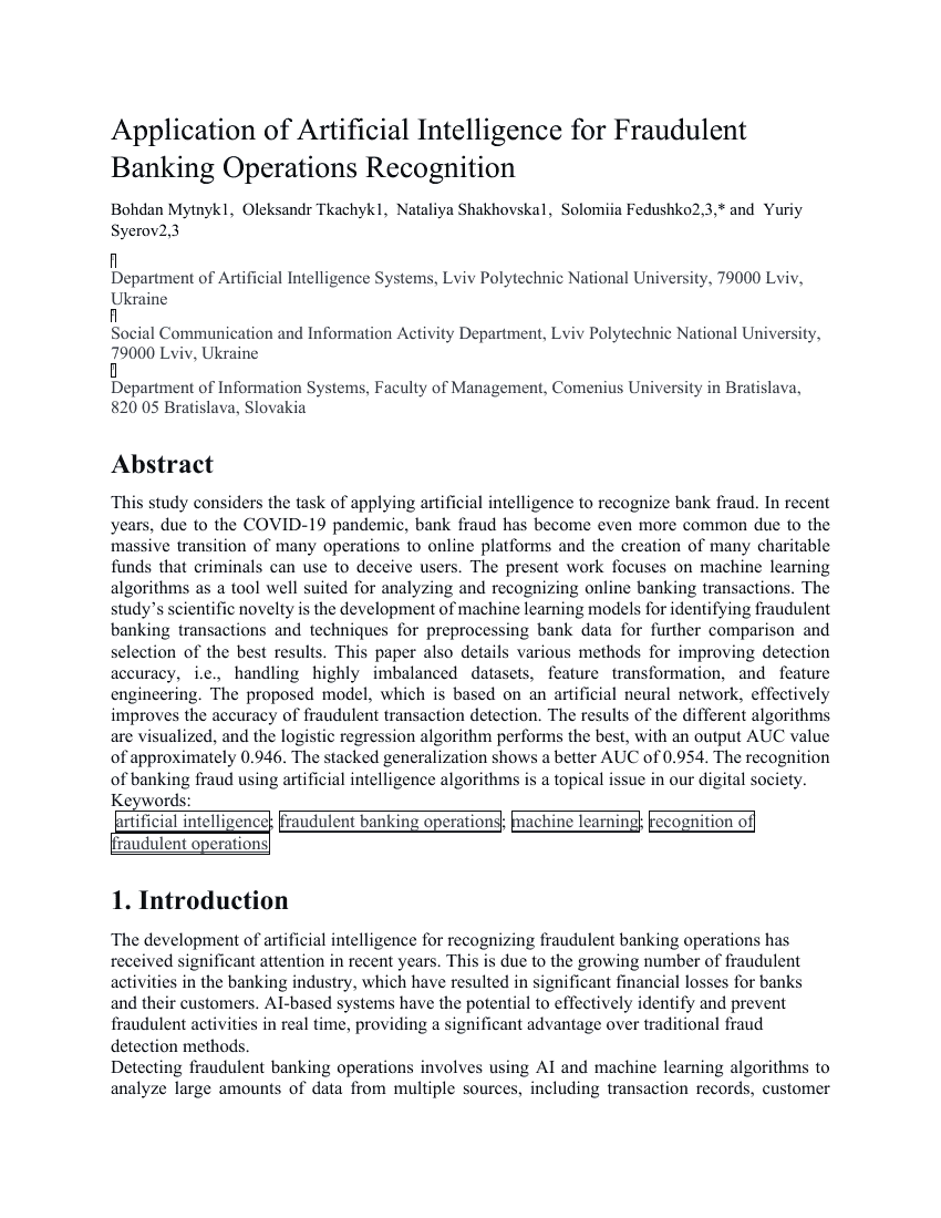 Application of Artificial Intelligence for Fraudulent Banking Operations Recognition