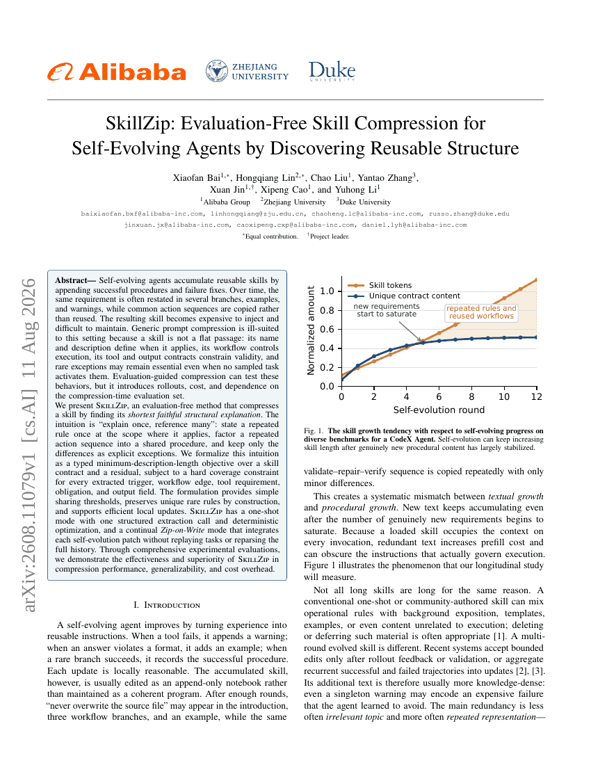SkillZip: Evaluation-Free Skill Compression for Self-Evolving Agents by Discovering Reusable Structure