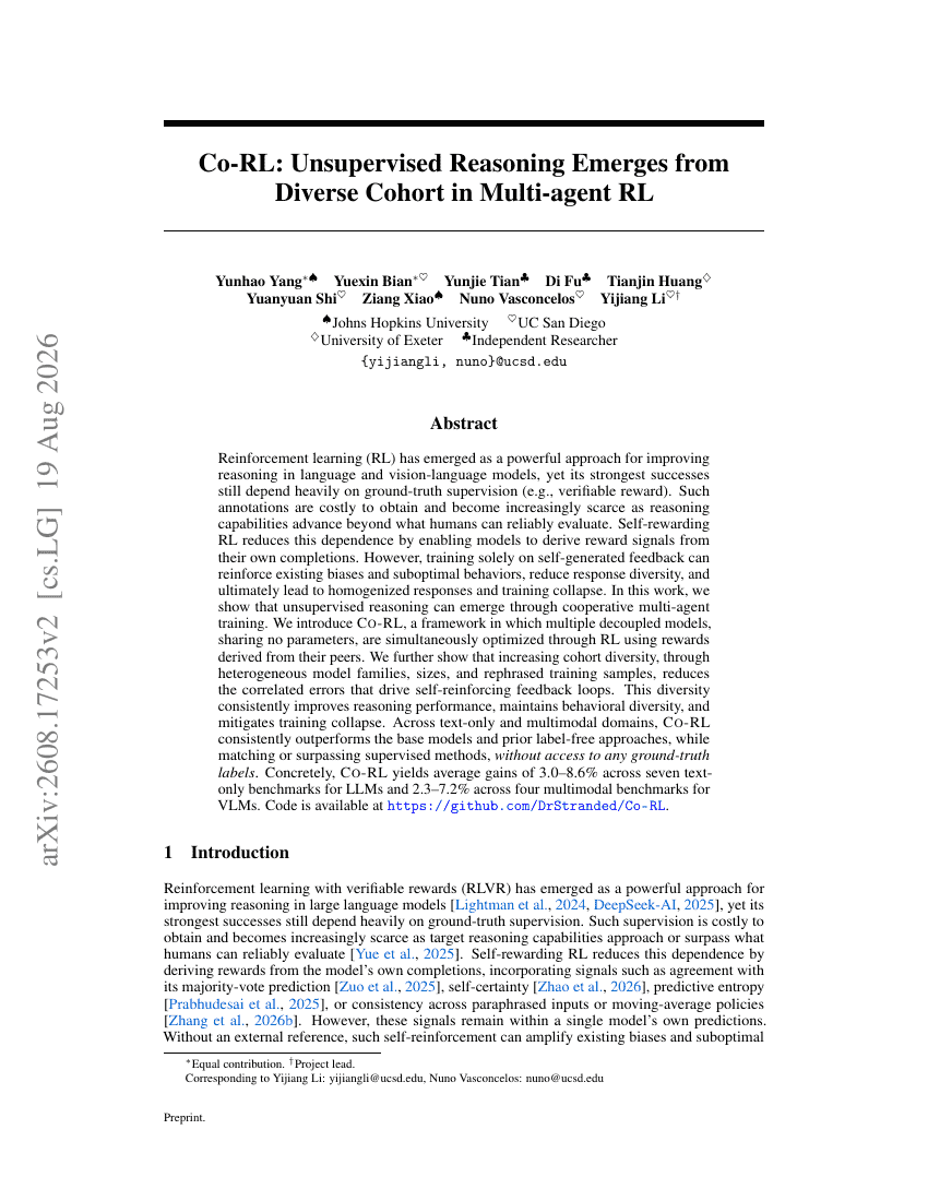Co-RL: Unsupervised Reasoning Emerges from Diverse Cohort in Multi-agent RL