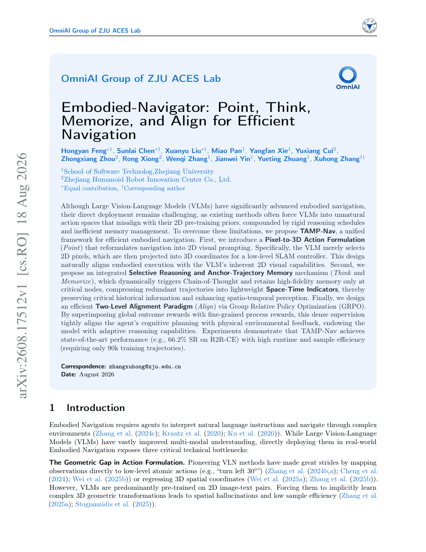 Embodied-Navigator: Point, Think, Memorize, and Align for Efficient Navigation