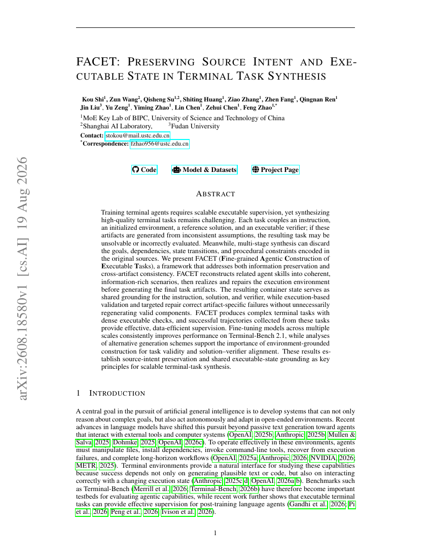 FACET: PRESERVING SOURCE INTENT AND EXECUTABLE STATE IN TERMINAL TASK SYNTHESIS