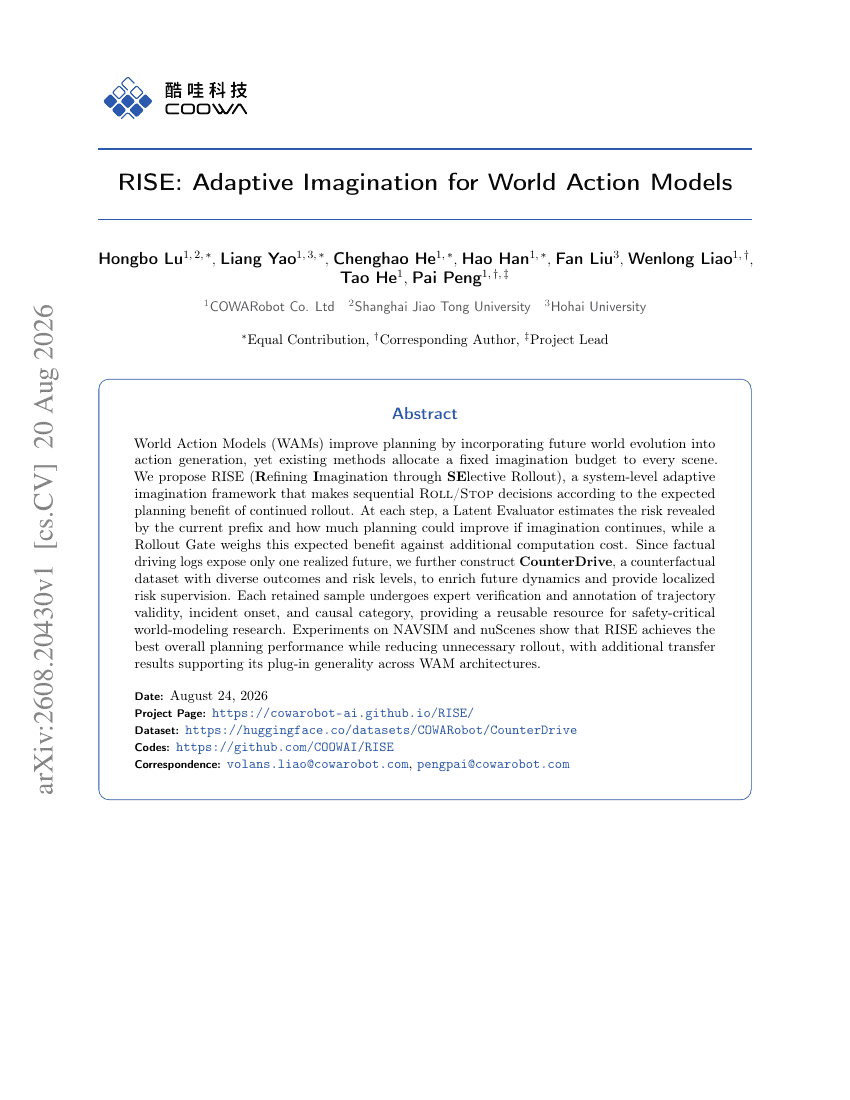 RISE: Adaptive Imagination for World Action Models