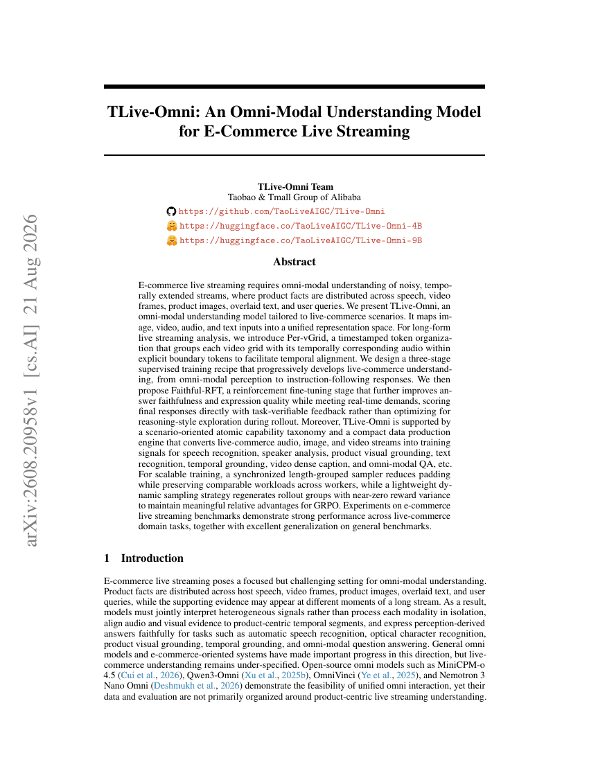 TLive-Omni: An Omni-Modal Understanding Model for E-Commerce Live Streaming