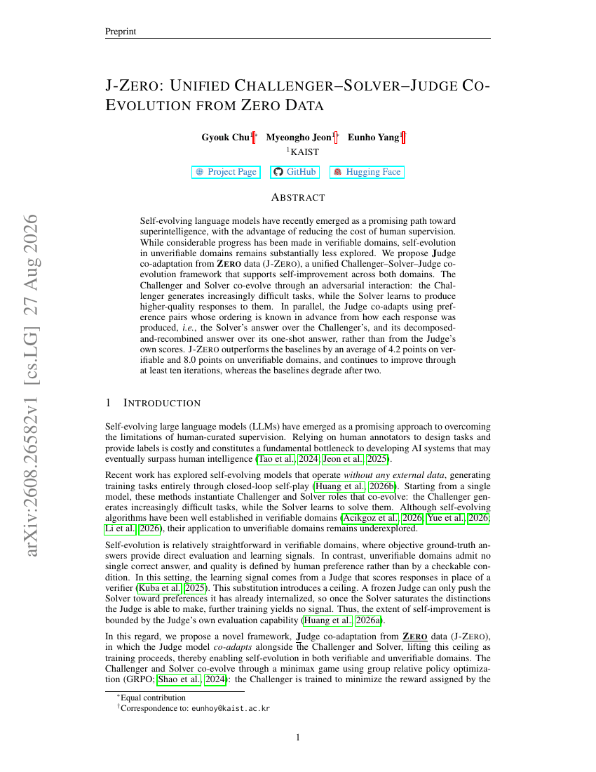 J-ZERO: UNIFIED CHALLENGER–SOLVER–JUDGE CO-EVOLUTION FROM ZERO DATA