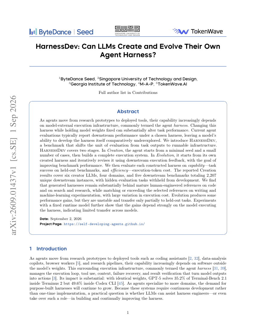 HarnessDev: Can LLMs Create and Evolve Their Own Agent Harness?