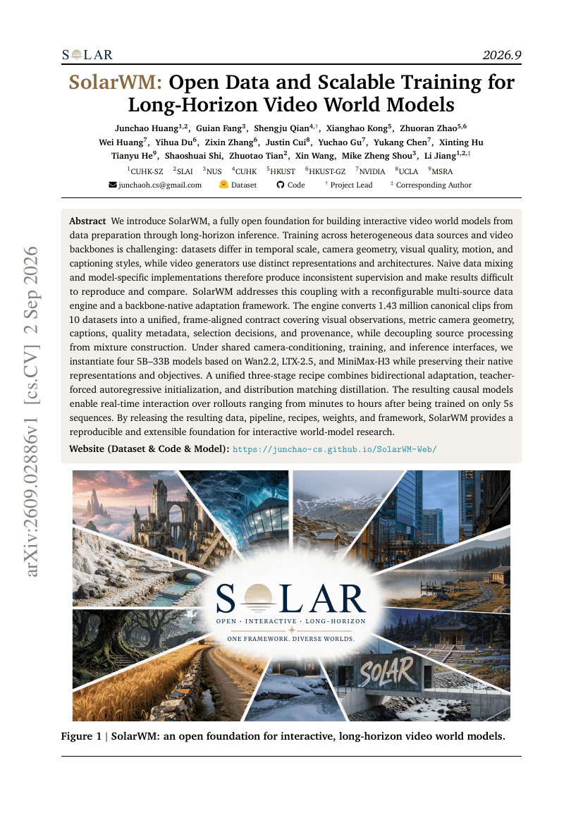 SolarWM: Open Data and Scalable Training for Long-Horizon Video World Models