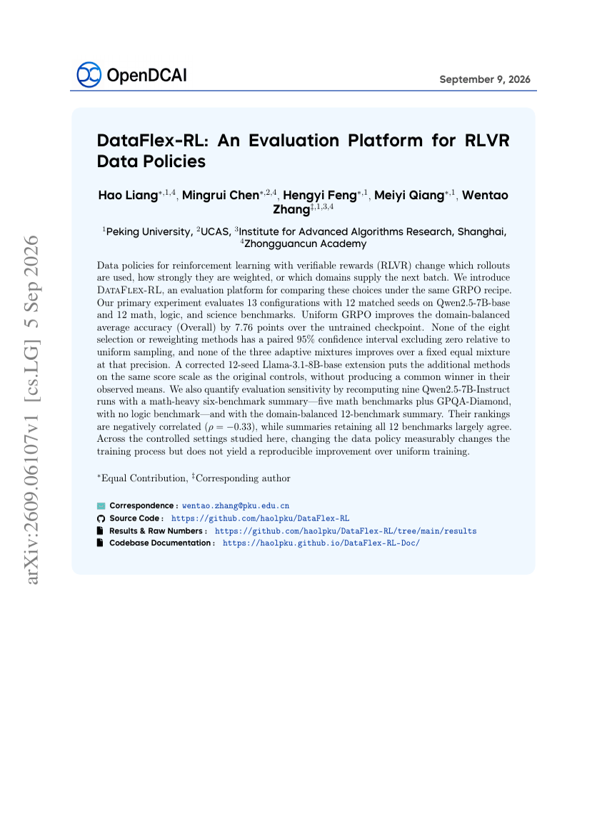 DataFlex-RL: An Evaluation Platform for RLVR Data Policies
