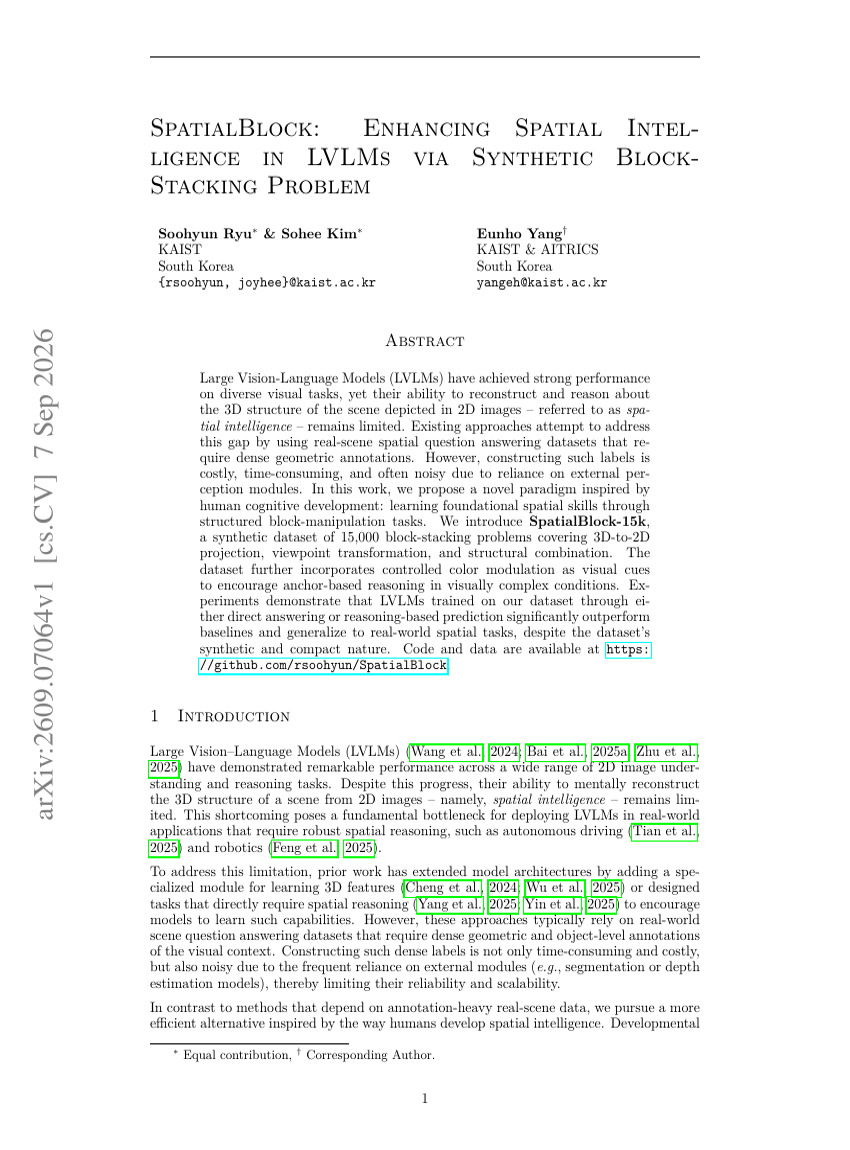 SpatialBlock: Enhancing Spatial Intelligence in LVLMs via Synthetic Block-Stacking Problem