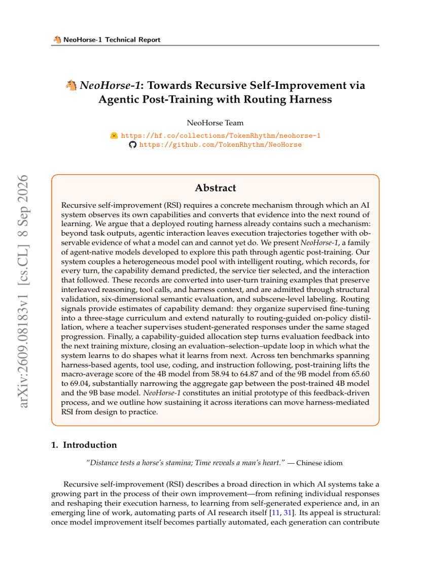 NeoHorse-1: Towards Recursive Self-Improvement via Agentic Post-Training with Routing Harness