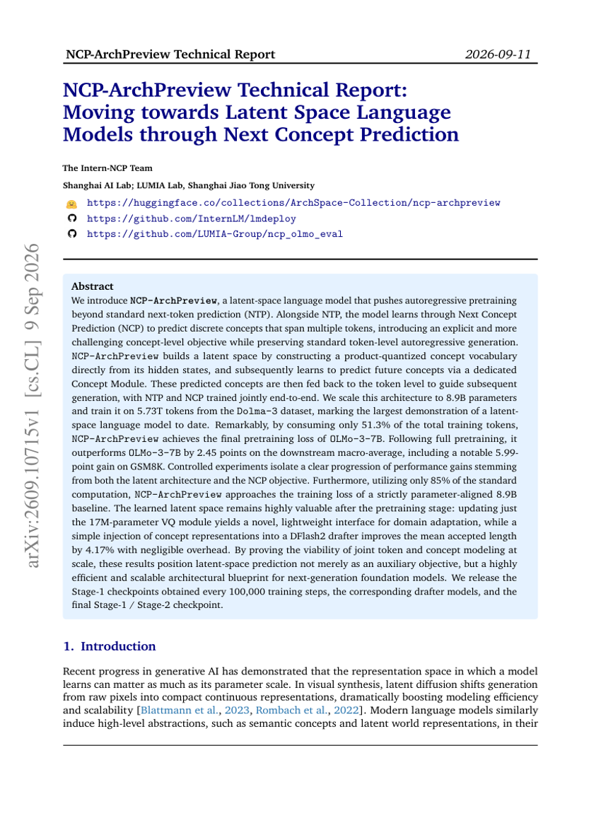 NCP-ArchPreview Technical Report: Moving towards Latent Space Language Models through Next Concept Prediction