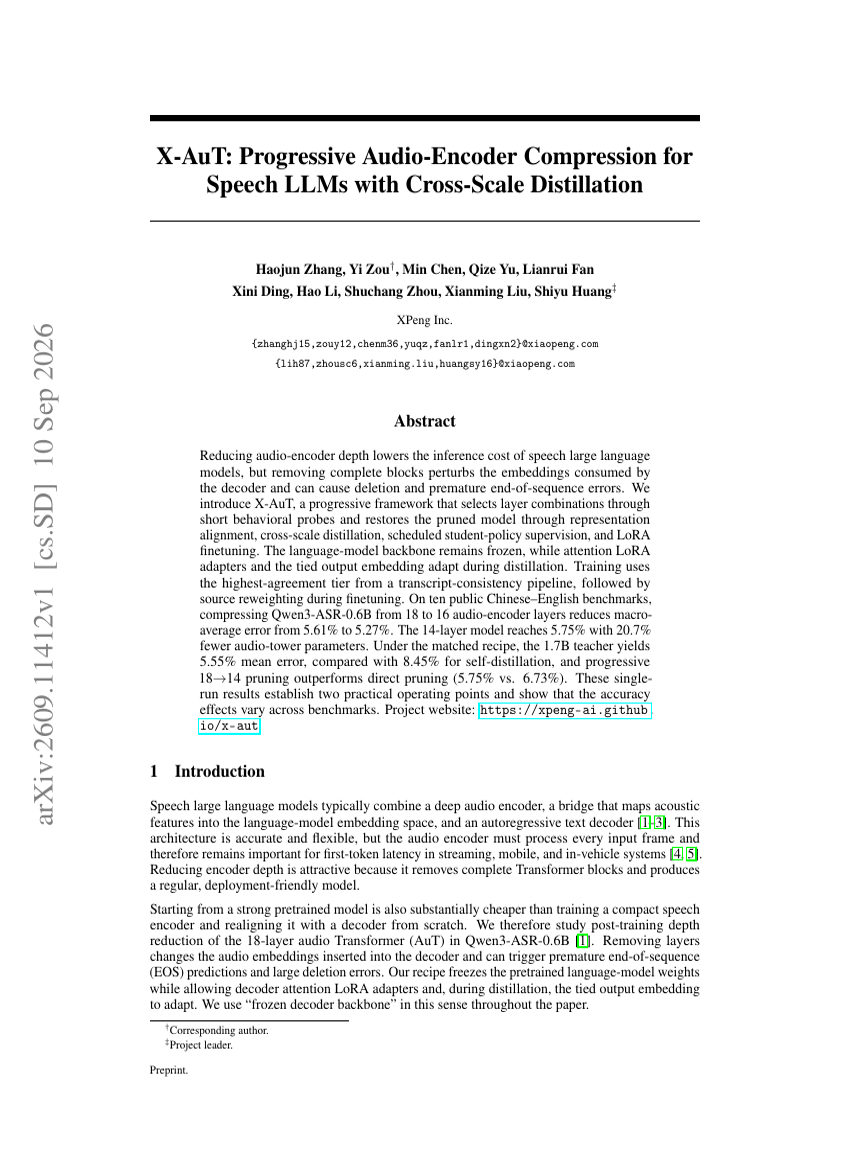X-AuT: Progressive Audio-Encoder Compression for Speech LLMs with Cross-Scale Distillation