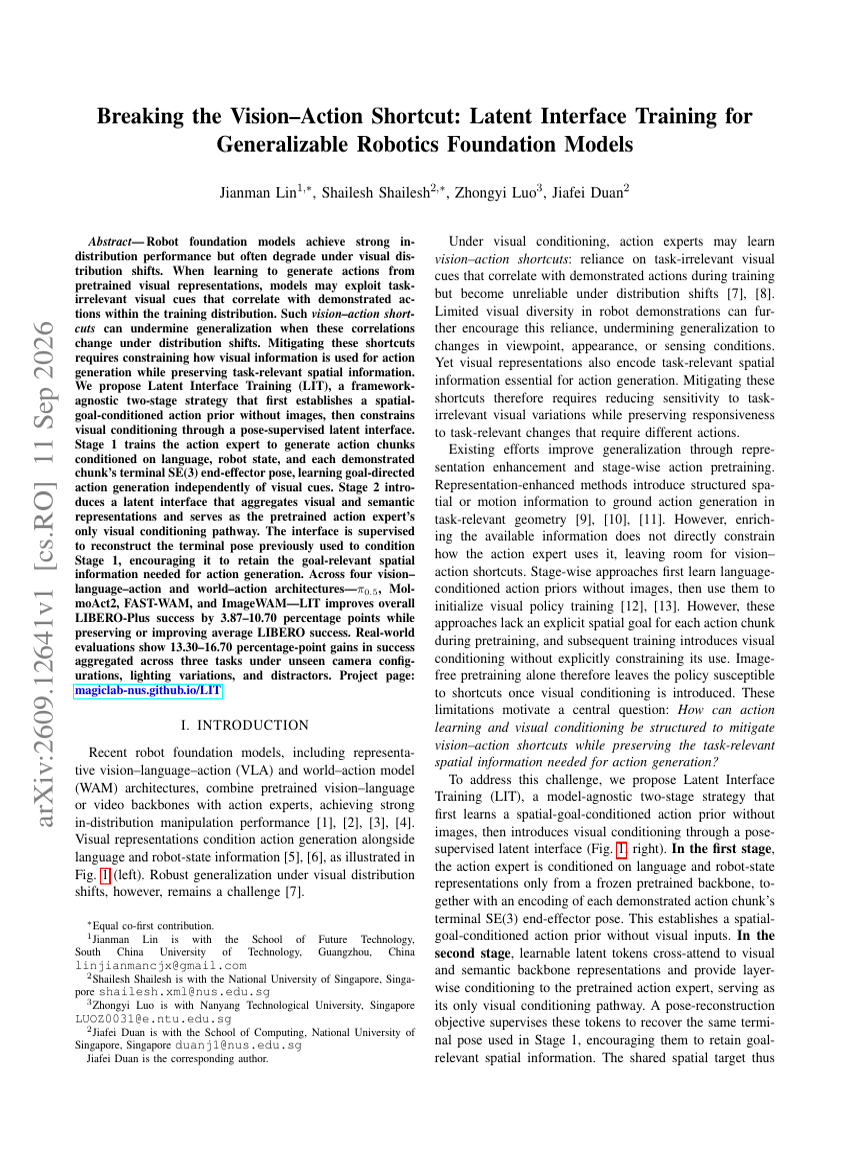 Breaking the Vision–Action Shortcut: Latent Interface Training for Generalizable Robotics Foundation Models