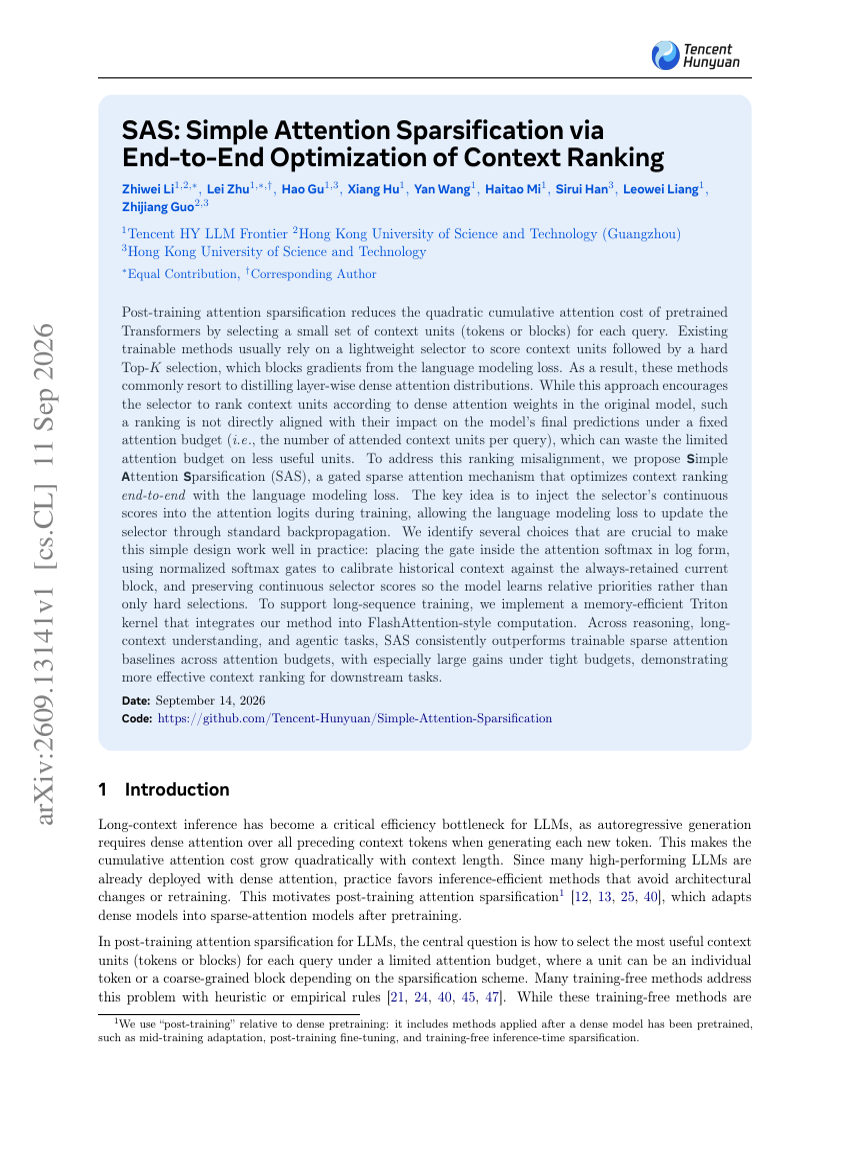 SAS: Simple Attention Sparsification via End-to-End Optimization of Context Ranking