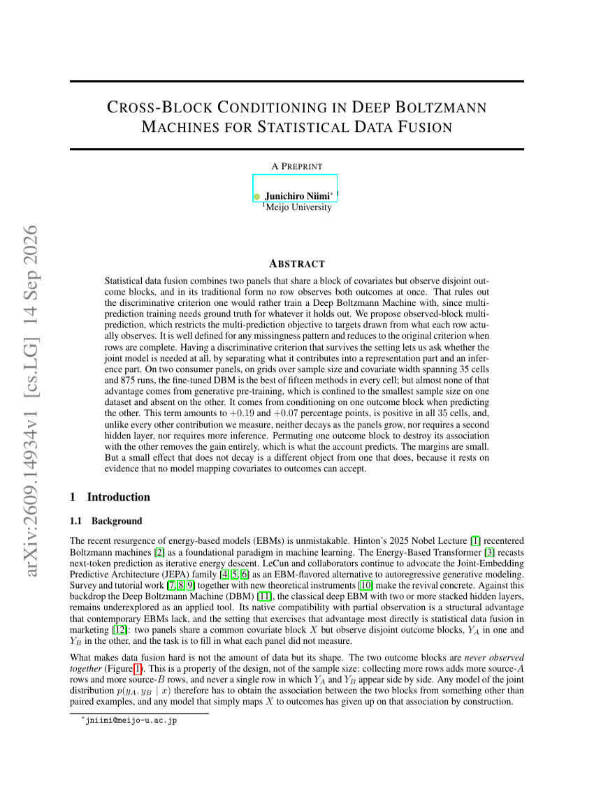 CROSS-BLOCK CONDITIONING IN DEEP BOLTZMANN MACHINES FOR STATISTICAL DATA FUSION