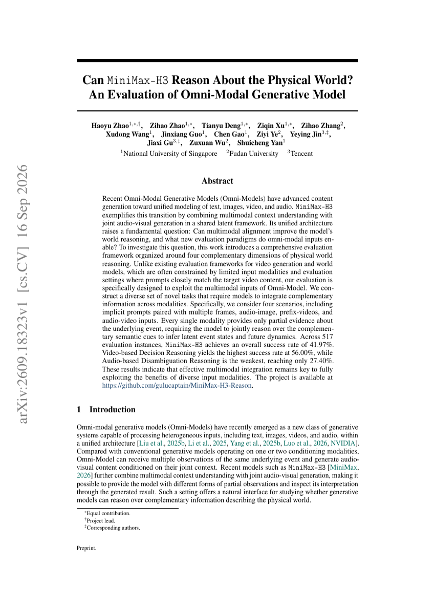 Can MiniMax-H3 Reason About the Physical World? An Evaluation of Omni-Modal Generative Model