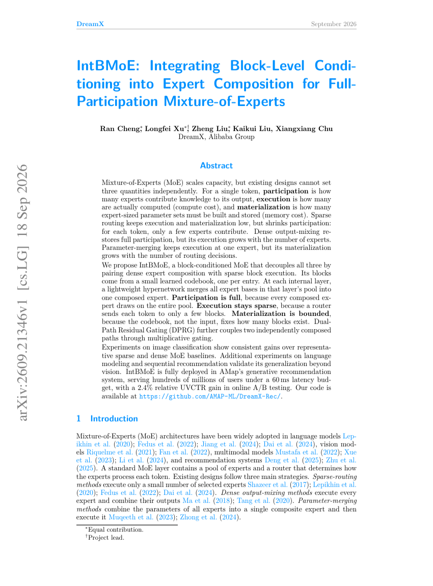 IntBMoE: Integrating Block-Level Conditioning into Expert Composition for Full-Participation Mixture-of-Experts