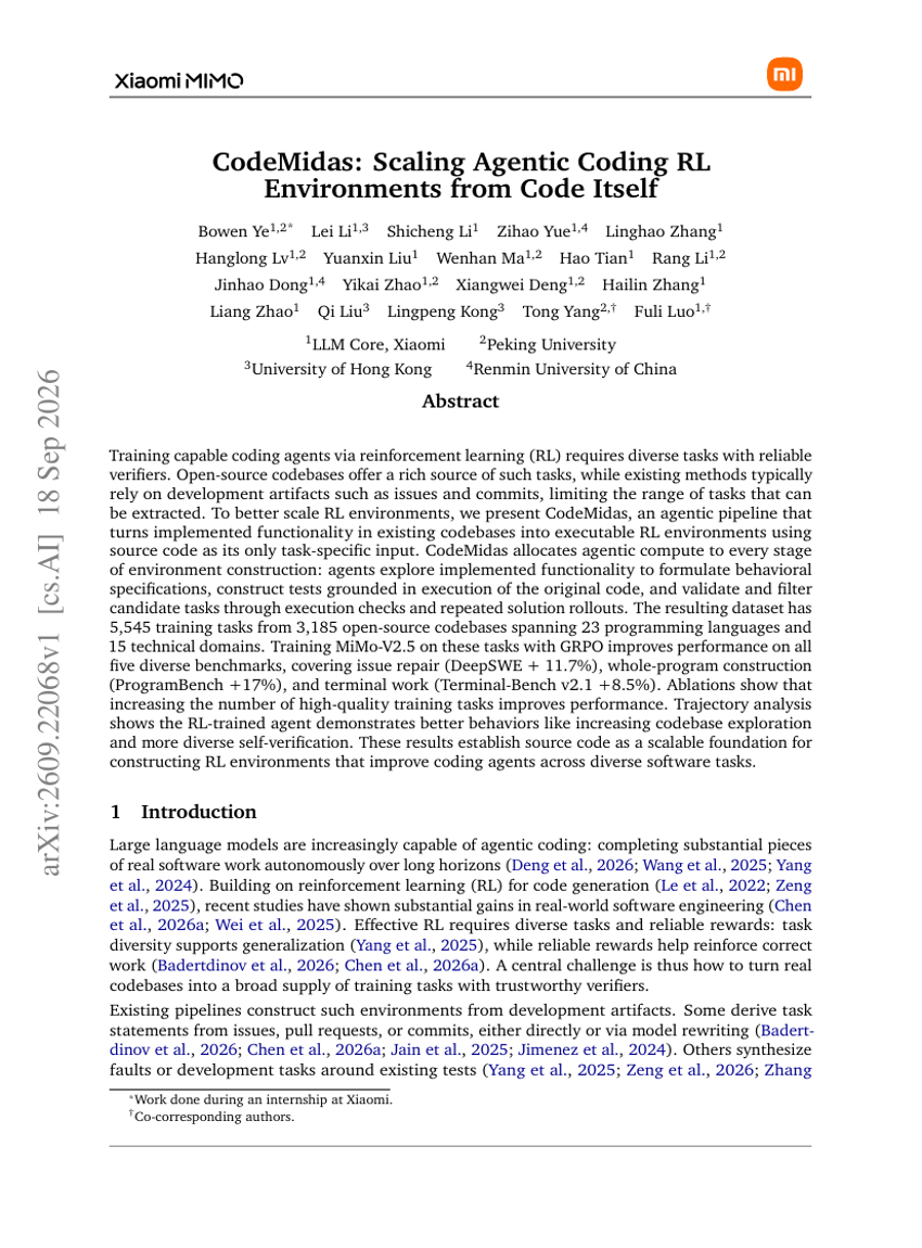 CodeMidas: Scaling Agentic Coding RL Environments from Code Itself