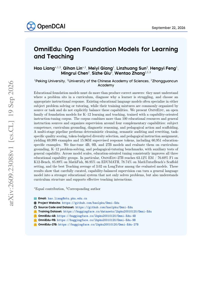 OmniEdu: Open Foundation Models for Learning and Teaching