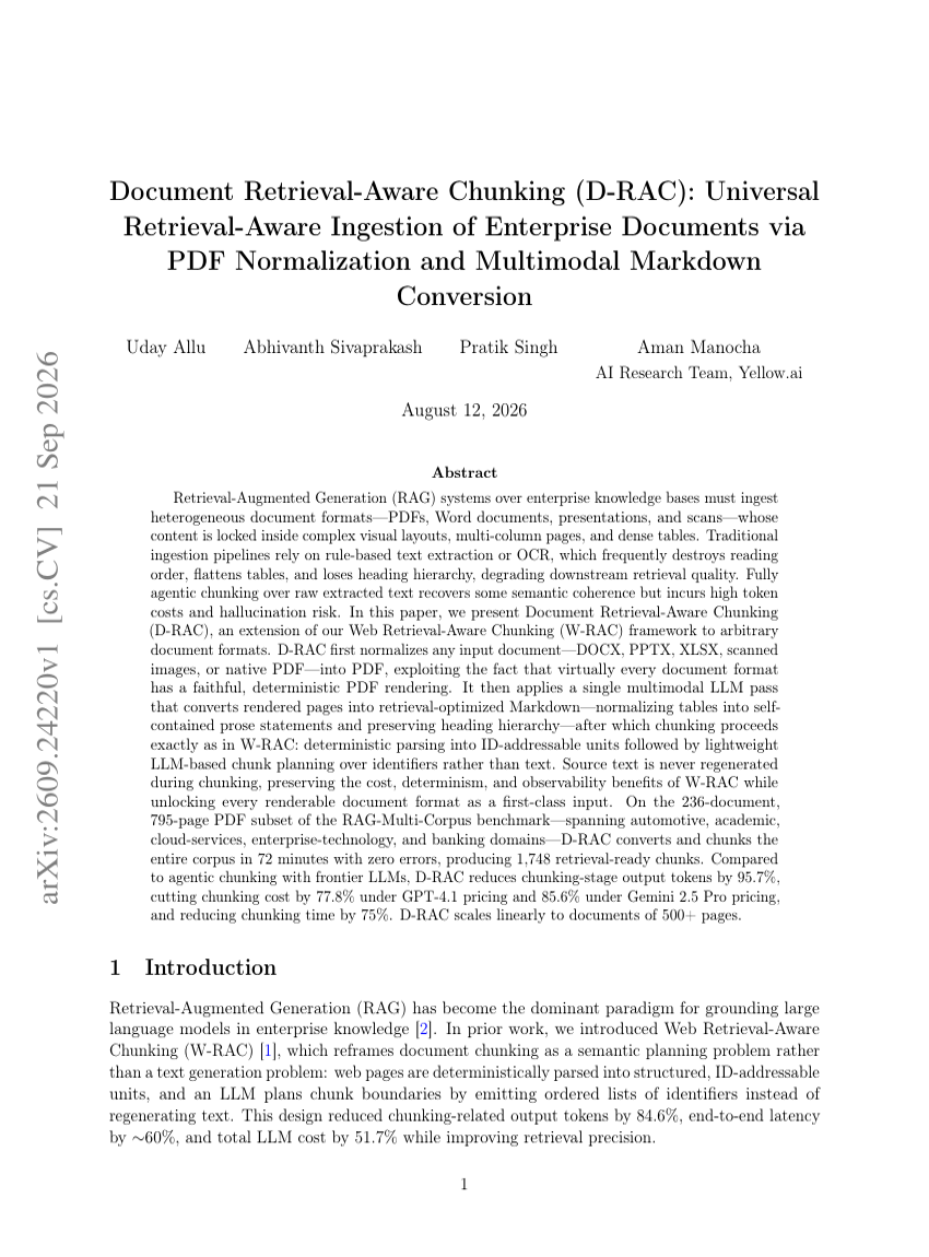 Document Retrieval-Aware Chunking (D-RAC): Universal Retrieval-Aware Ingestion of Enterprise Documents via PDF Normalization and Multimodal Markdown Conversion