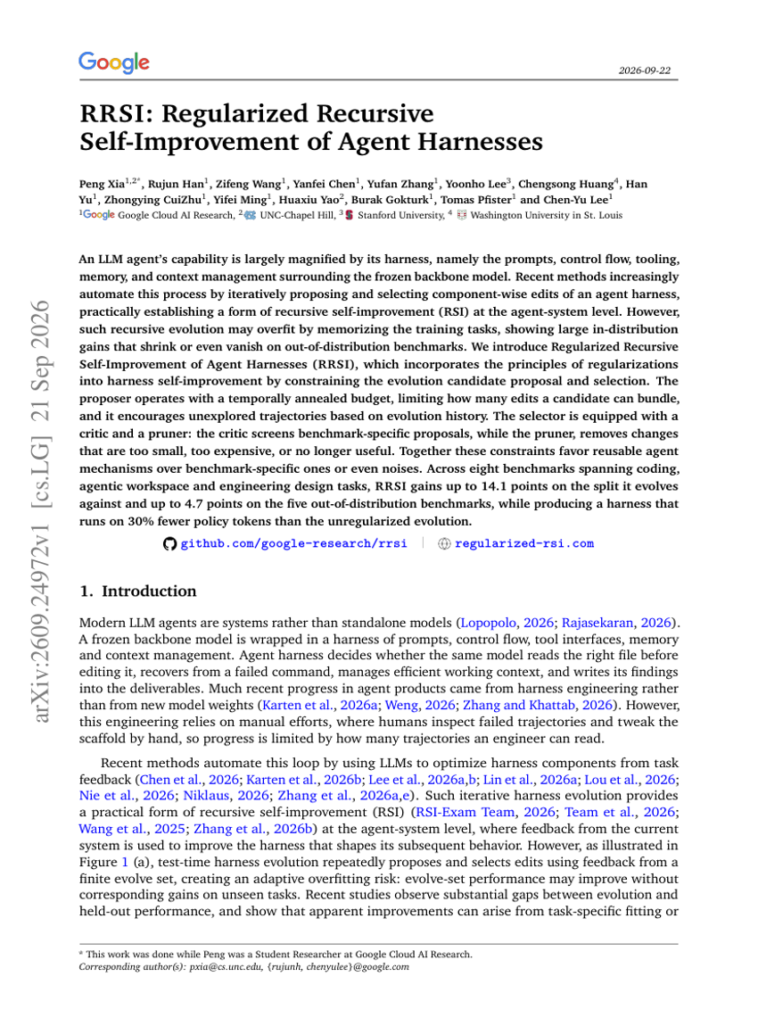 RRSI: Regularized Recursive Self-Improvement of Agent Harnesses