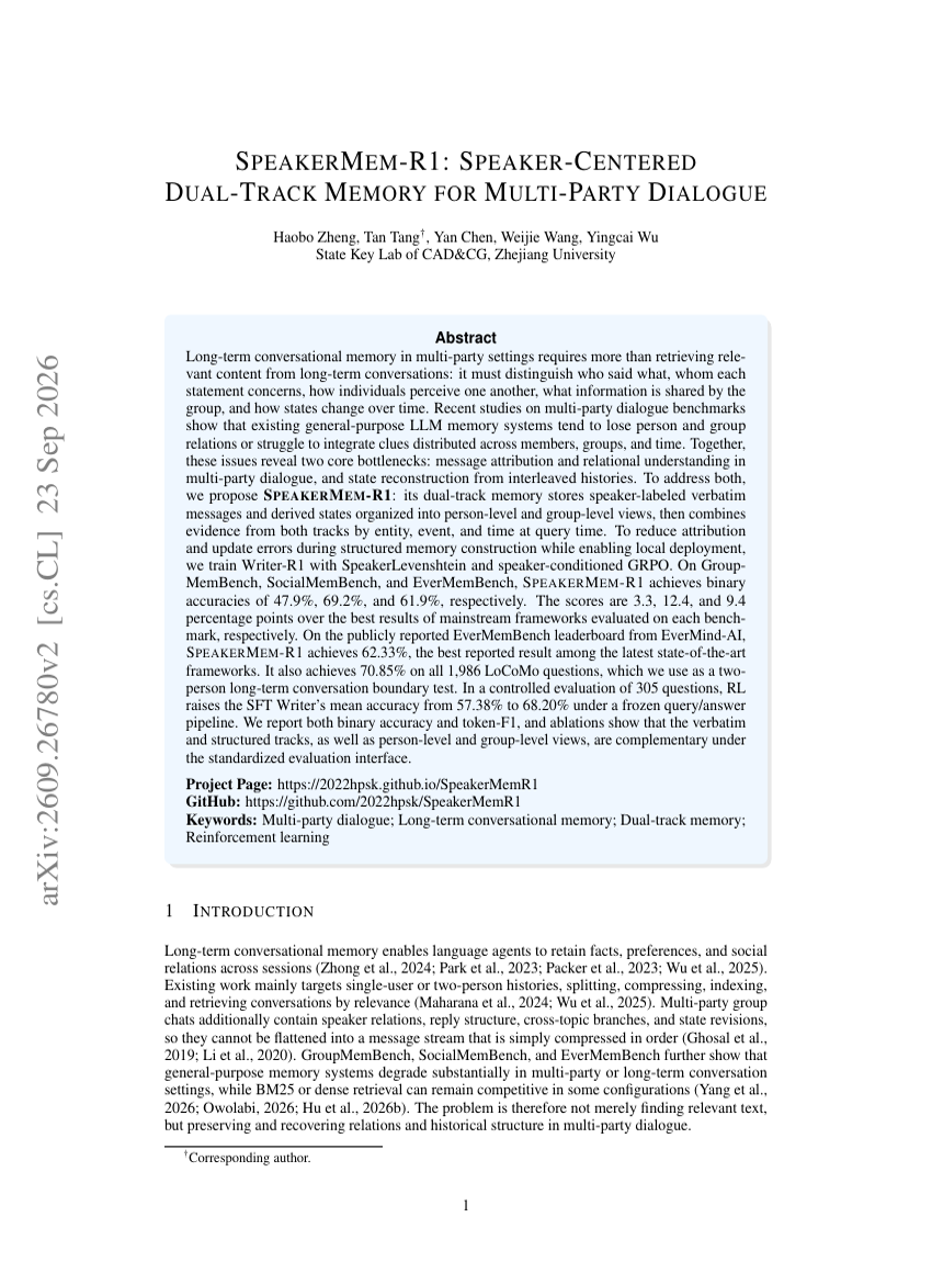 SPEAKERMEM-R1: SPEAKER-CENTERED DUAL-TRACK MEMORY FOR MULTI-PARTY DIALOGUE