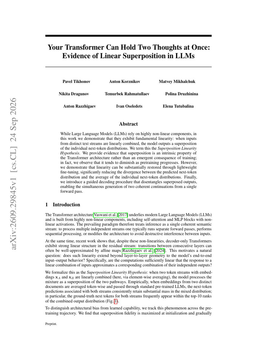 Your Transformer Can Hold Two Thoughts at Once: Evidence of Linear Superposition in LLMs