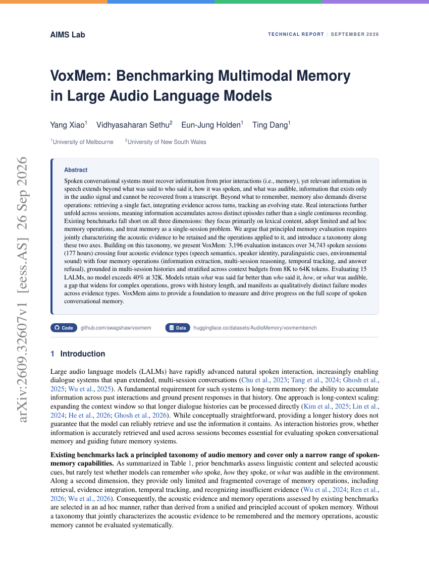 VoxMem: Benchmarking Multimodal Memory in Large Audio Language Models