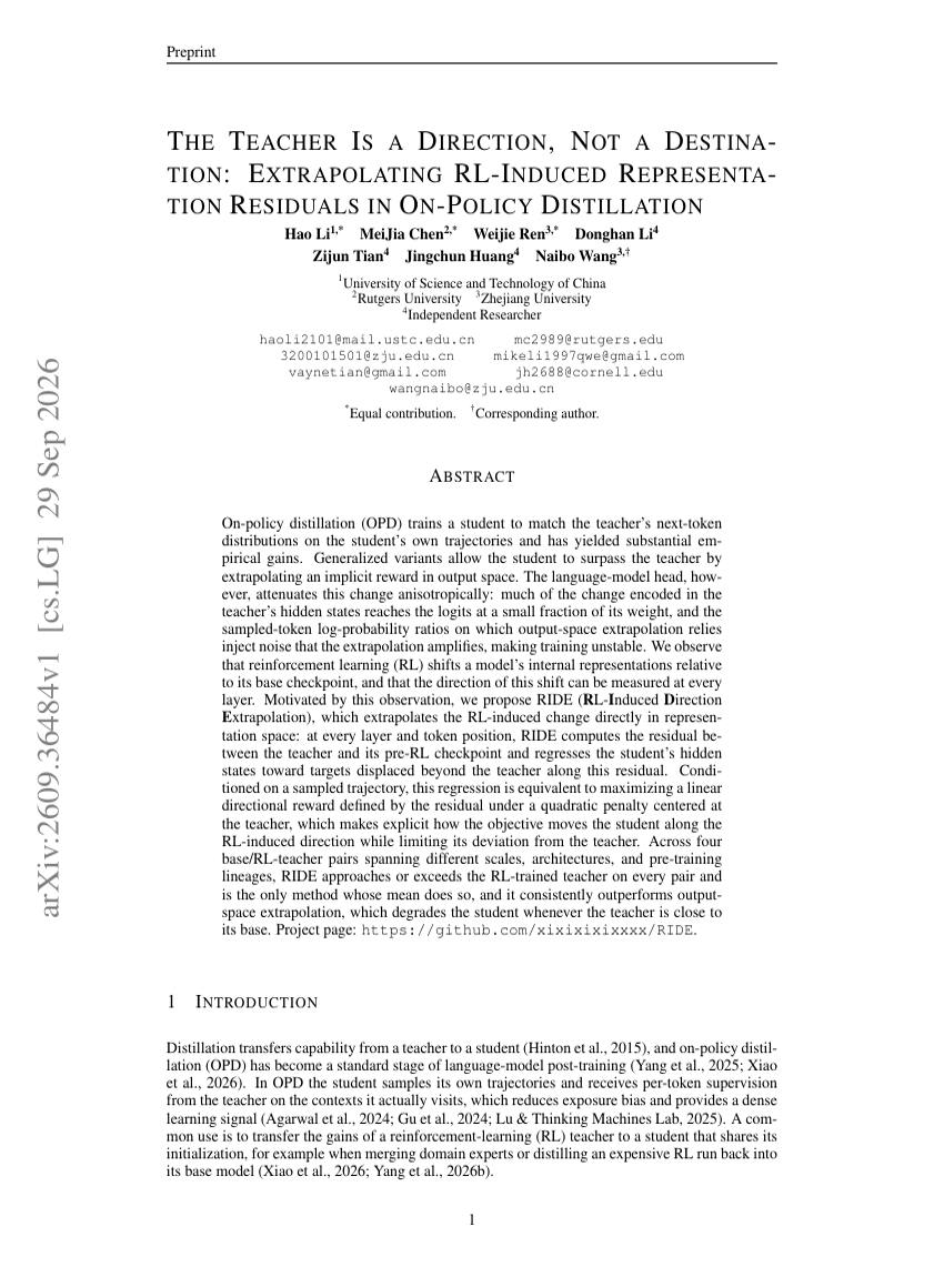 THE TEACHER IS A DIRECTION, NOT A DESTINATION: EXTRAPOLATING RL-INDUCED REPRESENTATION RESIDUALS IN ON-POLICY DISTILLATION