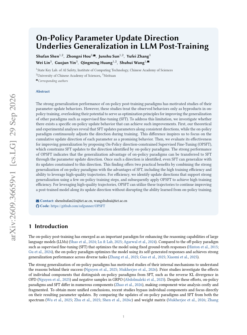 On-Policy Parameter Update Direction Underlies Generalization in LLM Post-Training