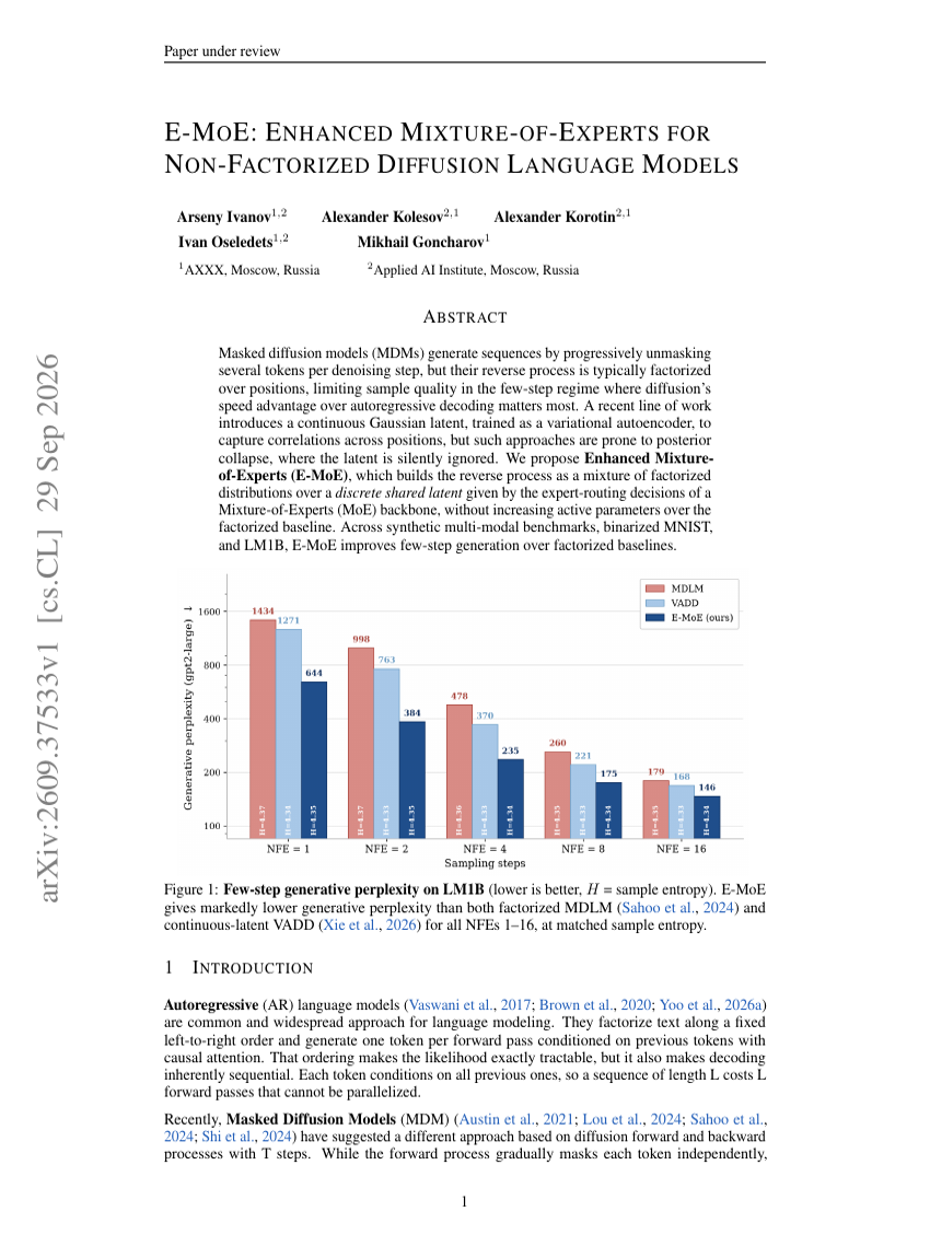 E-MOE: ENHANCED MIXTURE-OF-EXPERTS FOR NON-FACTORIZED DIFFUSION LANGUAGE MODELS