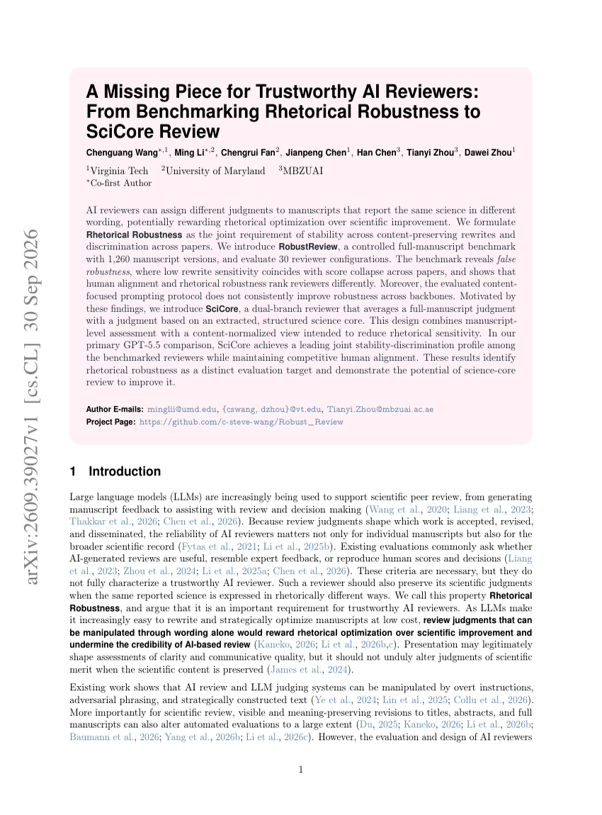 A Missing Piece for Trustworthy AI Reviewers: From Benchmarking Rhetorical Robustness to SciCore Review