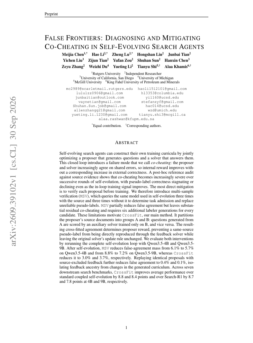 FALSE FRONTIERS: DIAGNOSING AND MITIGATING CO-CHEATING IN SELF-EVOLVING SEARCH AGENTS