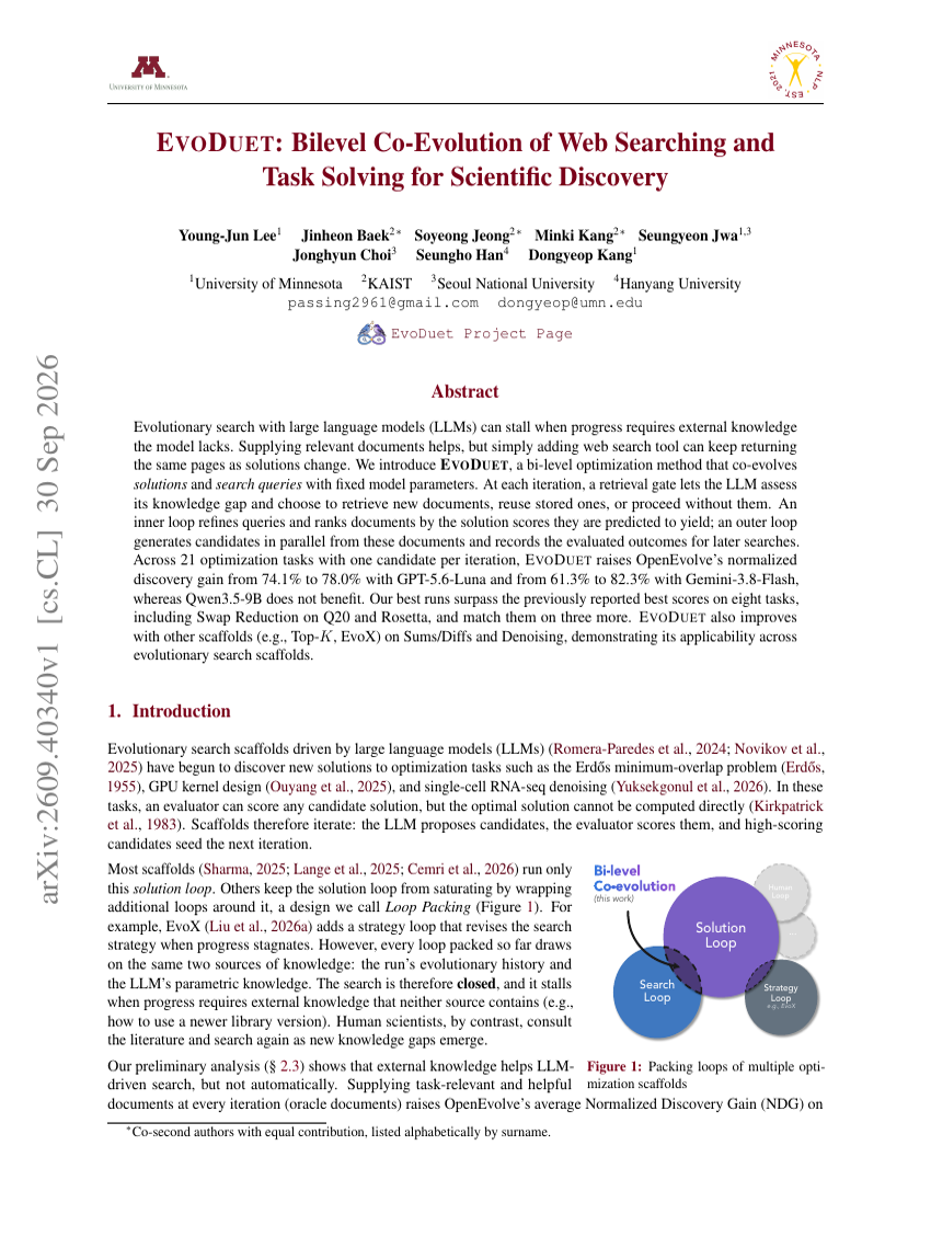 EVODUET: Bilevel Co-Evolution of Web Searching and Task Solving for Scientific Discovery
