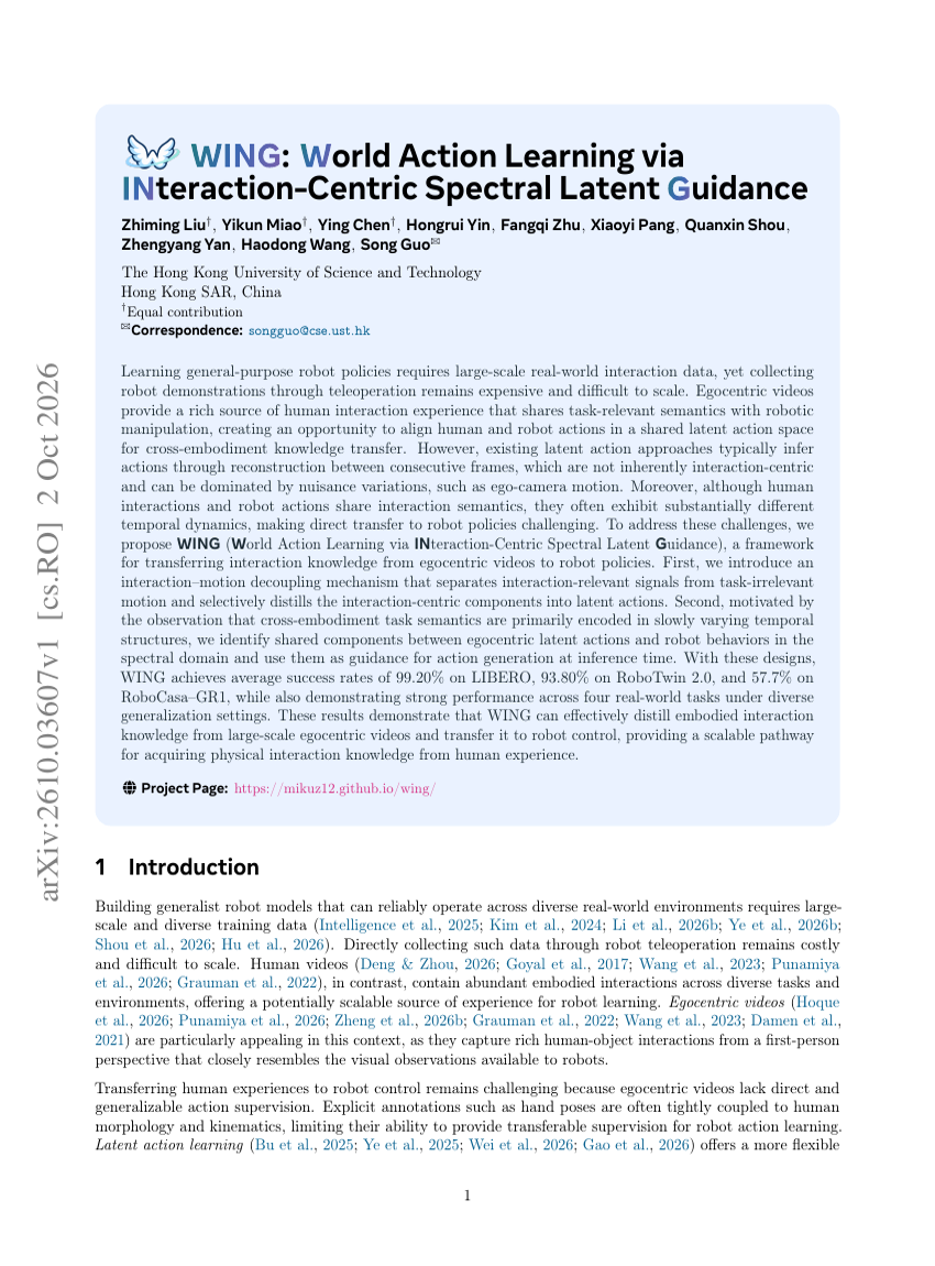 WING: World Action Learning via INteraction-Centric Spectral Latent Guidance